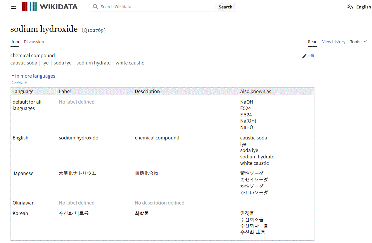 Wikidataで「水酸化ナトリウム」を検索した結果